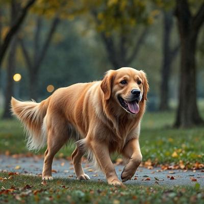 The primary subject of the image is a large, happy-looking dog with a panting tongue, walking on a path in a park. The dog is the main focus of the scene, and it appears to be enjoying its walk. The setting is a park with trees in the background, providing a natural and serene environment for the dog's walk. The visual style of the image is a photo, capturing the dog's movement and expression in detail. The colors in the image are predominantly earthy tones,